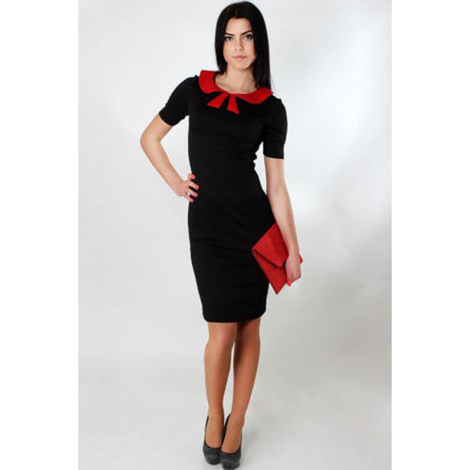 Women's Slim Casual Slim Peter Pan Collar Dress Red with Black
