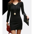 Women's Full Sleeves Thick Velvet Short Dress Black Front View