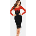 Women's Full Sleeves Square Collar Lace Embroided Waist Dress Red