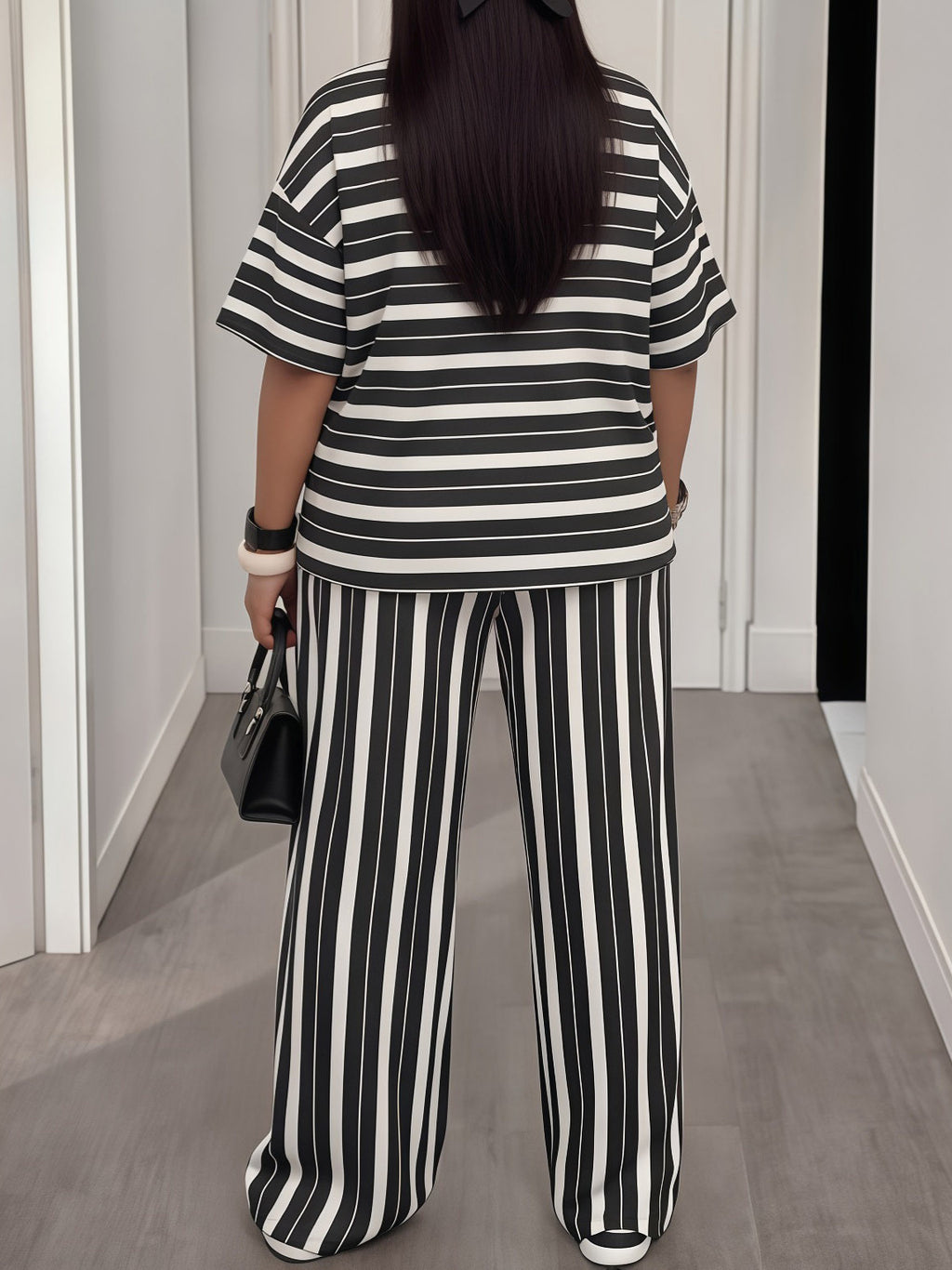 Women’s Black and White Striped Print Loose Fit Drop-Shoulder Short-Sleeve Top and Wide-Leg Pants Set
