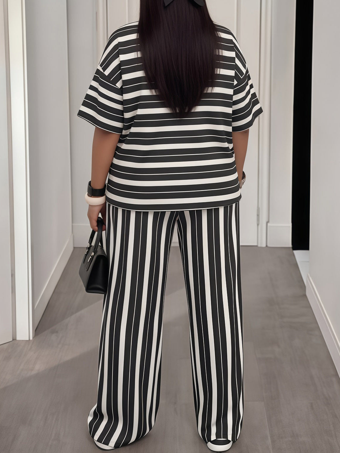 Women’s Black and White Striped Print Loose Fit Drop-Shoulder Short-Sleeve Top and Wide-Leg Pants Set
