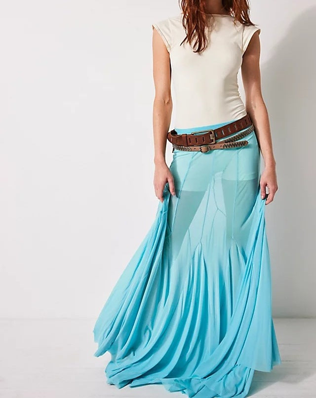 Women's Mesh High-Waisted Long Skirt - Elegant Sheer Layered Maxi