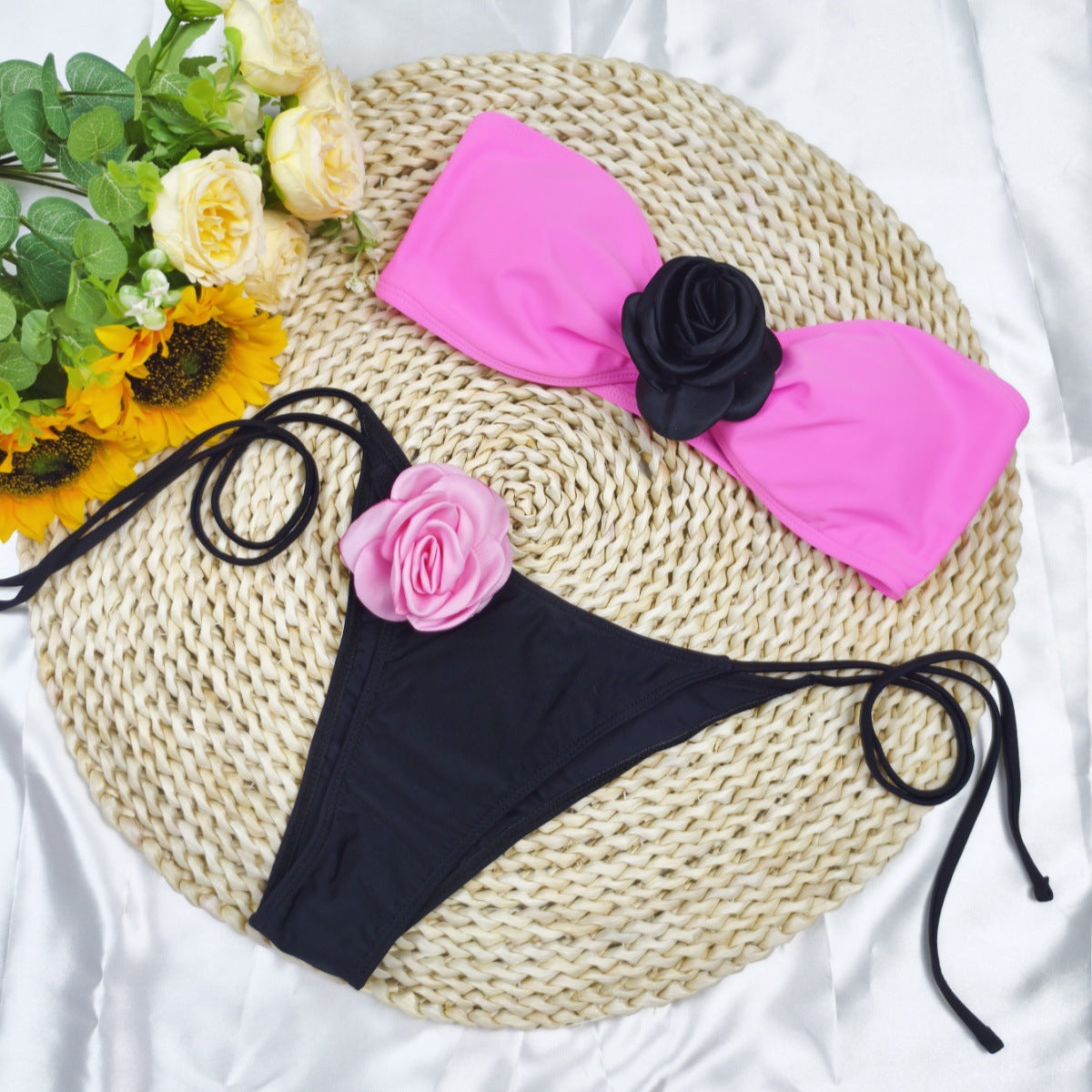 3D Floral Strapless Two-Piece Bikini Swimsuit