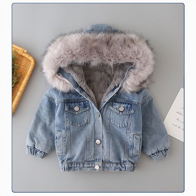 Girls’ Thickened Cotton-Padded Denim Jacket – Warm Fleece-Lined Winter Coat for Toddlers & Kids - RAC25JP3302BATOW