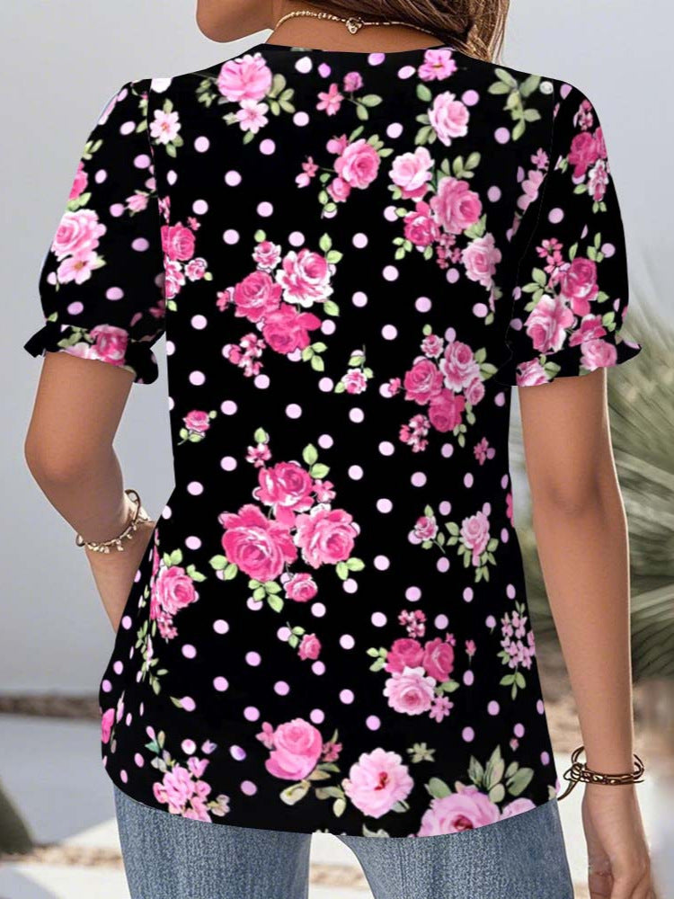 Women's Summer Printed V-Neck Short Sleeve Top – Casual Everyday Blouse