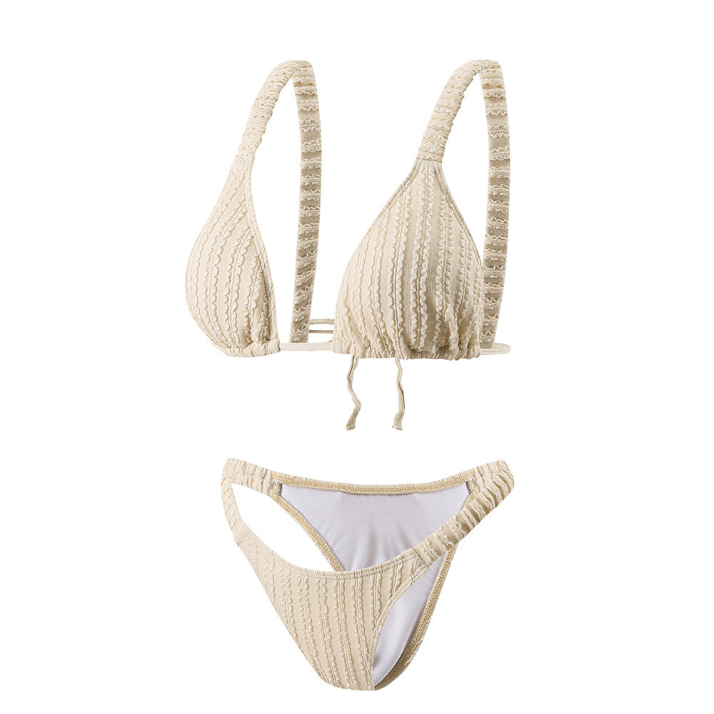 Solid Color Pleated Shoulder Strap Backless Split Bikini Swimsuit for Women