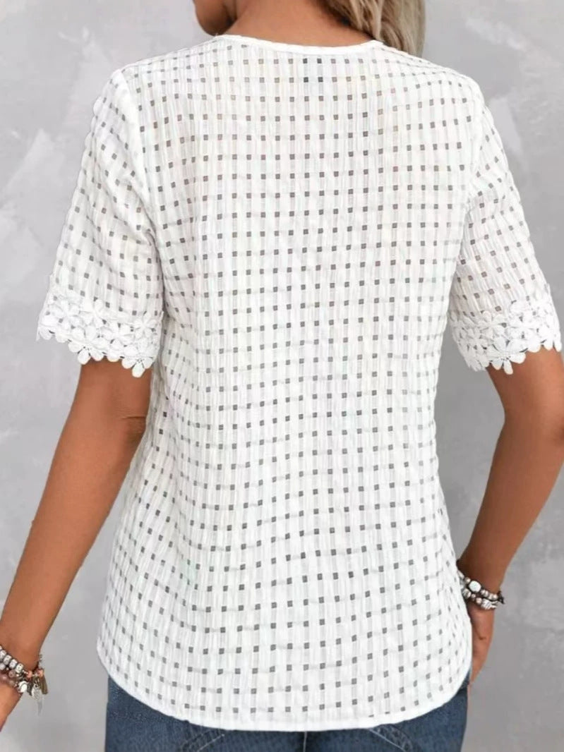 Women's Solid Color Jacquard V-Neck Puff Sleeve Casual Top – Comfortable Short Sleeve Everyday Blouse