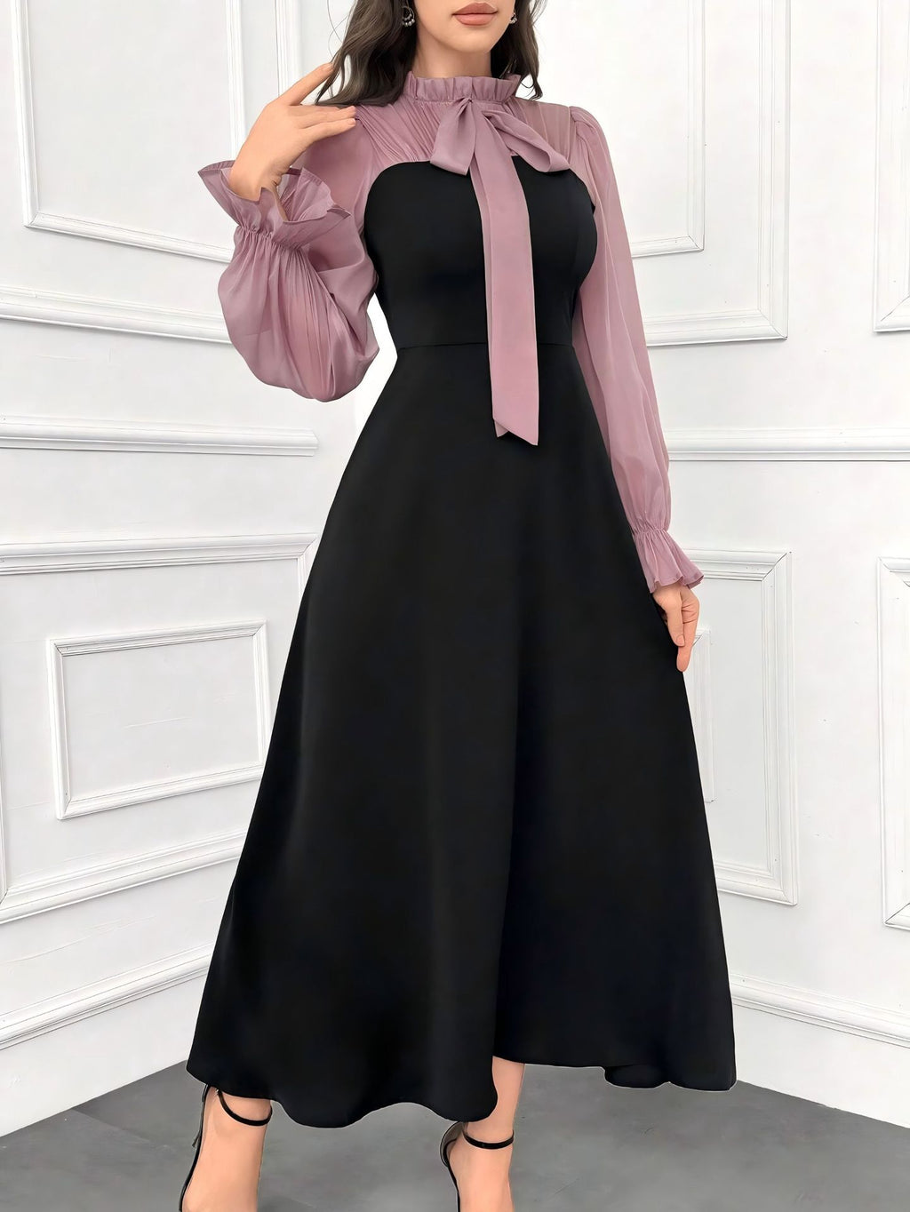 New Style Color-Block Faux Two-Piece Long Sleeve Maxi Dress with Bow Tie Waist for Women, Elegant Casual Fashion Dress
