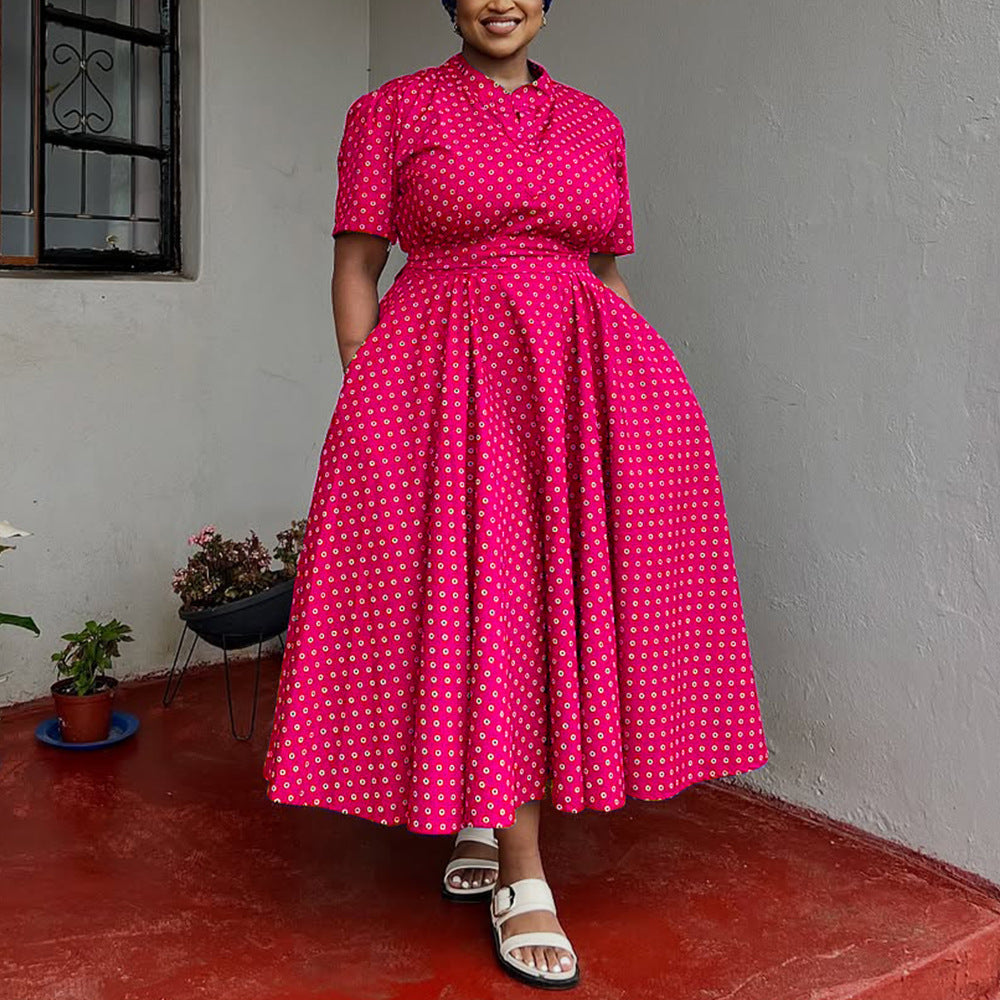 2025 Summer Women's Bohemian Polka Dot Maxi Dress – Plus Size Short Sleeve V-Neck Long Skirt