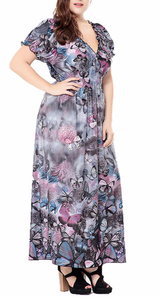 V-Neck Short Sleeve Printed Long Skirt Dress