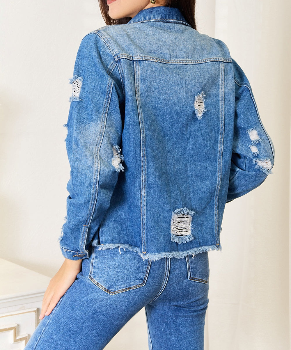 Baeful Leopard Floral Distressed Raw Hem Denim Jacket