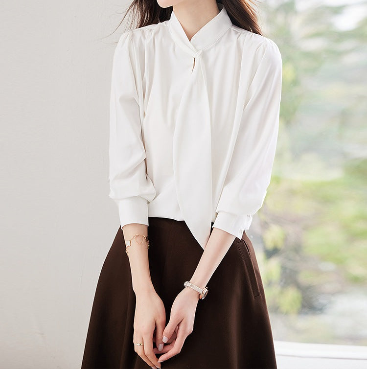 Women's Red Long Sleeve Ribbon Side Shirt - Spring Fashion Blouse