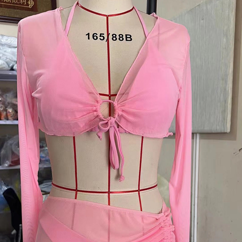 Four-Piece Women's Bikini Set with Long Sleeve Top and Split Gauze Skirt - Solid Color Swimsuit