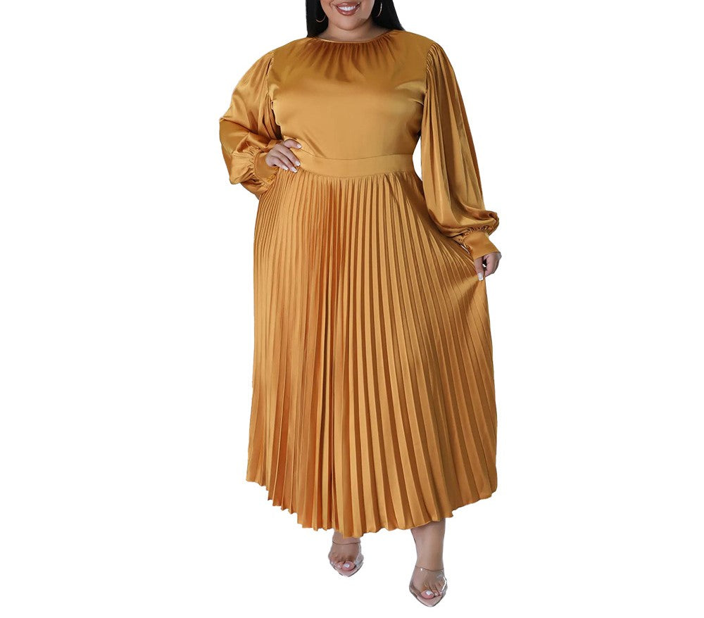 Plus Size Long-Sleeve Pleated Round-Neck Midi Dress for Women – Autumn/Winter Solid Color Casual Elegant Outfit