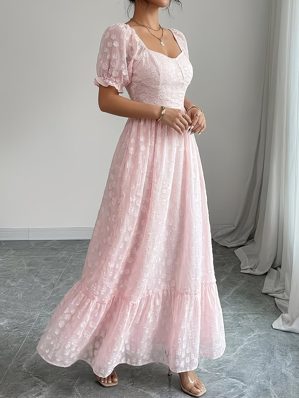 Plus-Size Women's French-Inspired Jacquard Dress with Puff Short Sleeves, Elegant Textured Midi Dress, Comfortable Everyday and