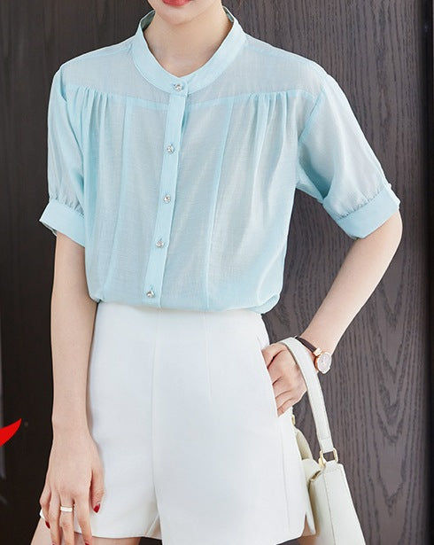 Women's Summer Elegant Loose Fit Round Neck Short Sleeve Shirt