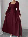 Women's Spring Solid Color Pleated Maxi Dress with French Square Neck and Elegant Long Silhouette