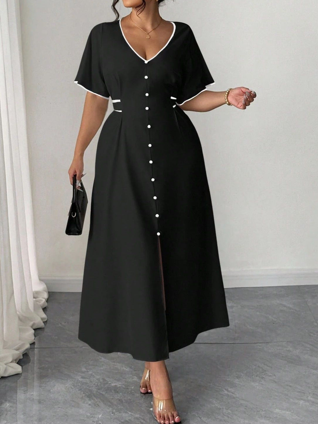Women's Plus-Size Elegant Midi Dress with Flattering Fit, Soft Fabric, Classic Style, Comfortable Everyday Wear