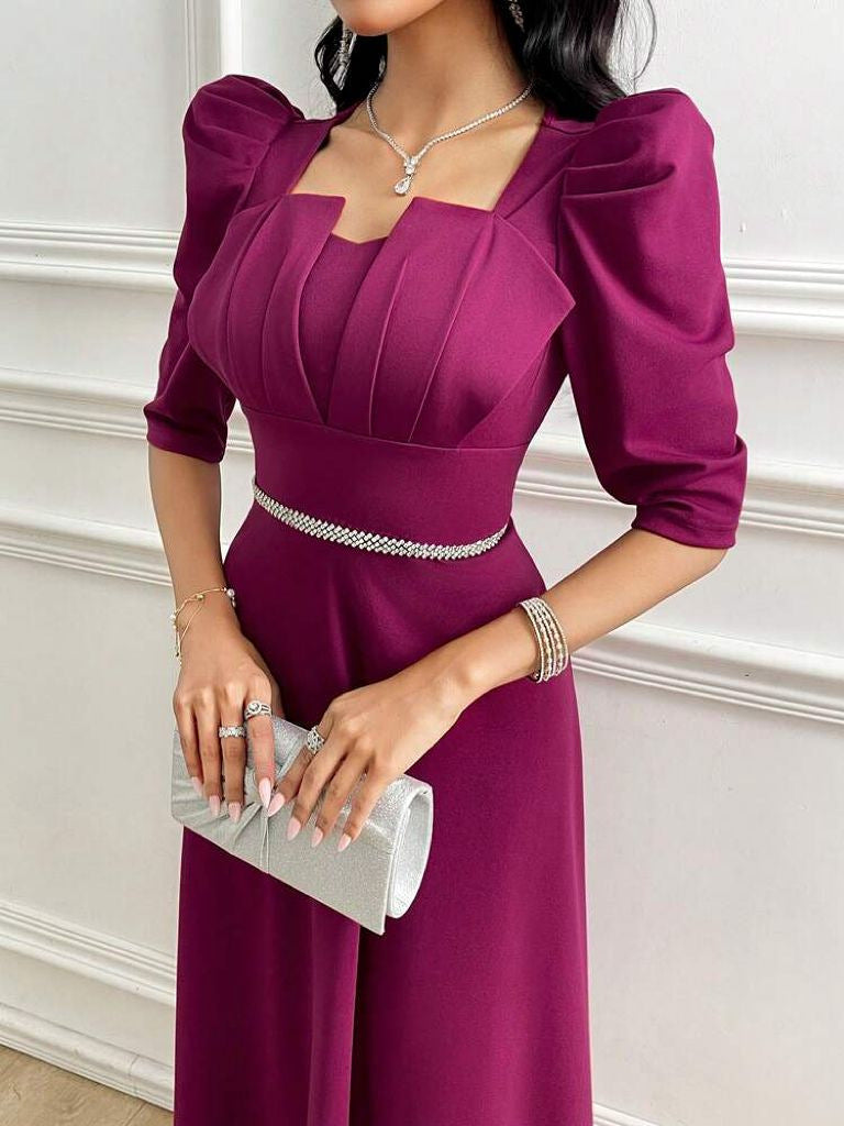 Women's Elegant Long Pleated Dress with Short Sleeves, Defined Waist Design, Flowy Maxi Dress for Casual, Party and Special Occa