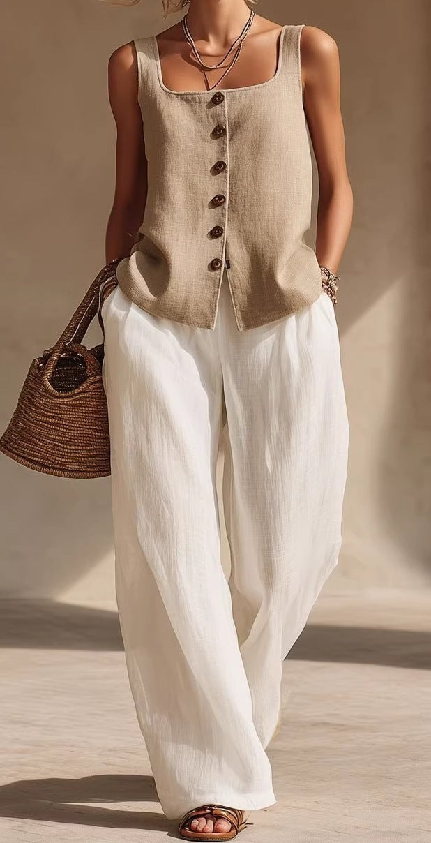 Women's Spring & Summer Front-Button Cardigan Top and Pants Two-Piece Outfit Set