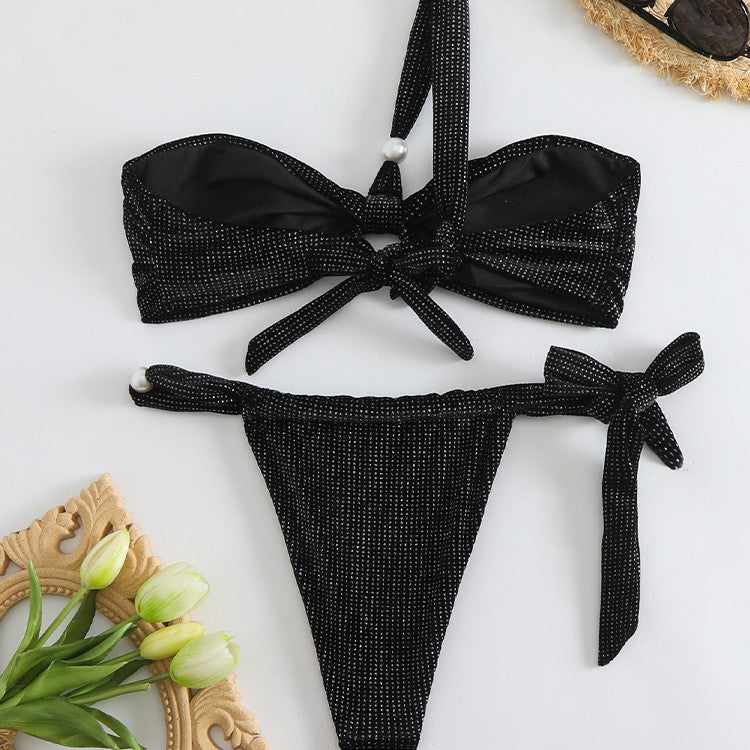 New Solid Color Bow Tube Top Bikini Set for Women - Split Shoulder & Chest Design Swimsuit