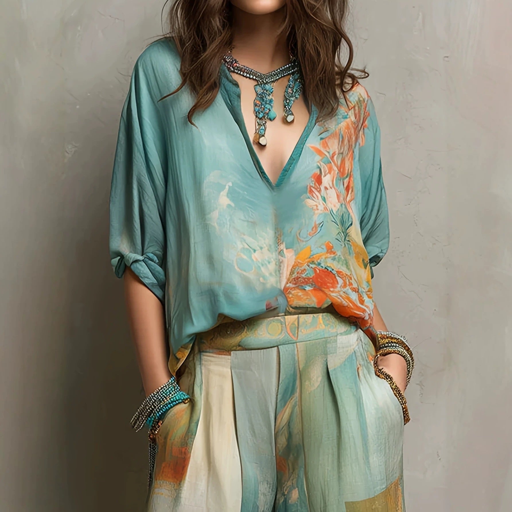 Women's Casual Resort Style Deep V-Neck Top & Wide-Leg Pants Two-Piece Set