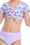 Kids Girls V-Neck Printed Top Solid Bottom Swimsuit Set