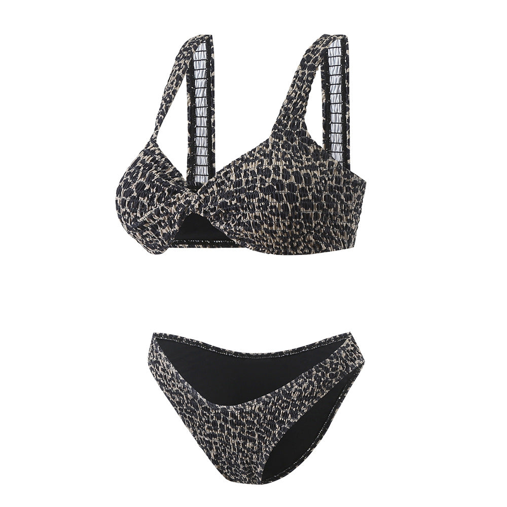 Leopard Print Twist Bag with Shoulder Strap & Three-Point Split Bikini Set
