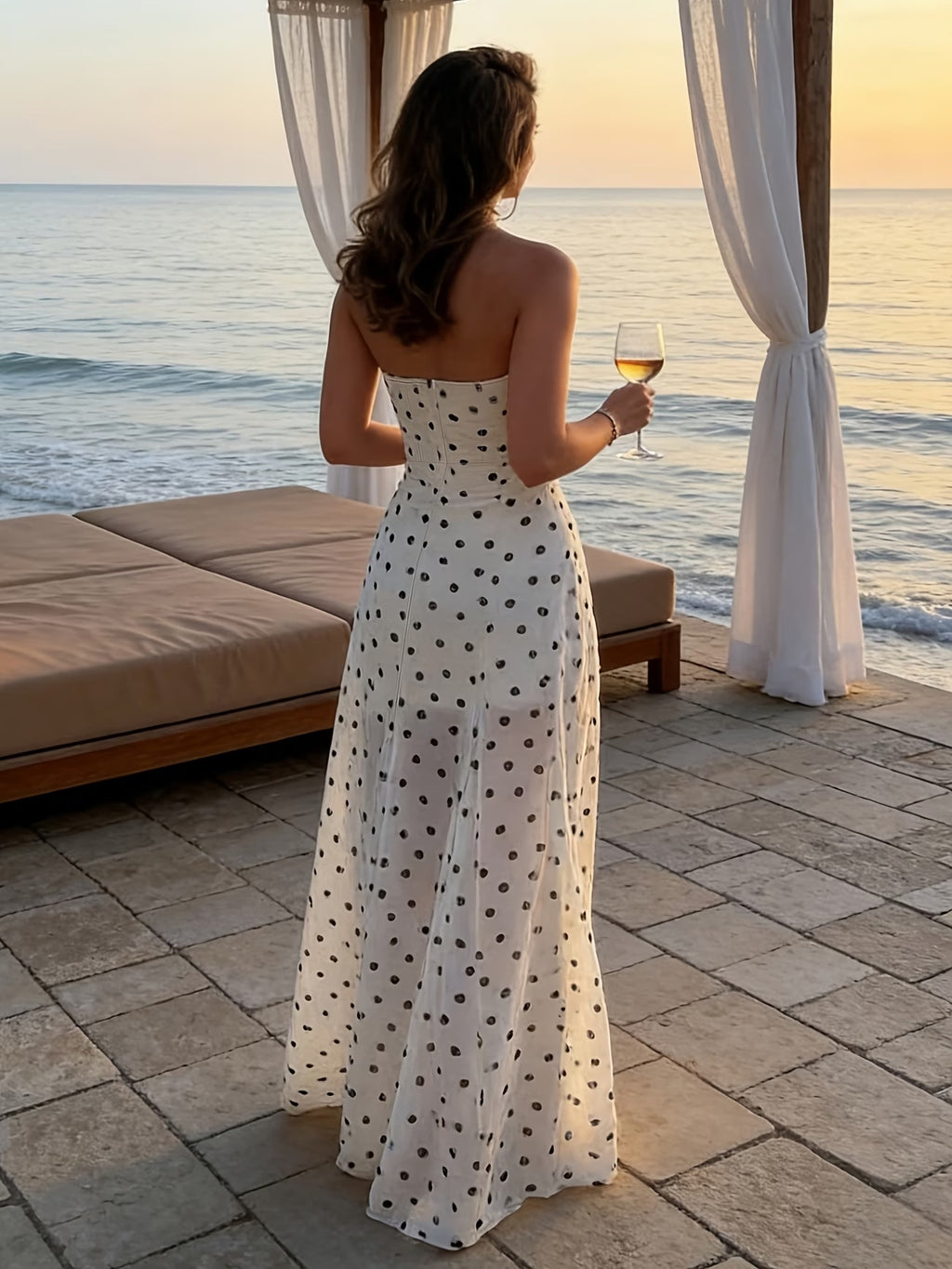 Summer 2026 Women's Strapless Polka Dot Print Beach Maxi Dress – French-Inspired Lightweight Vacation Dress