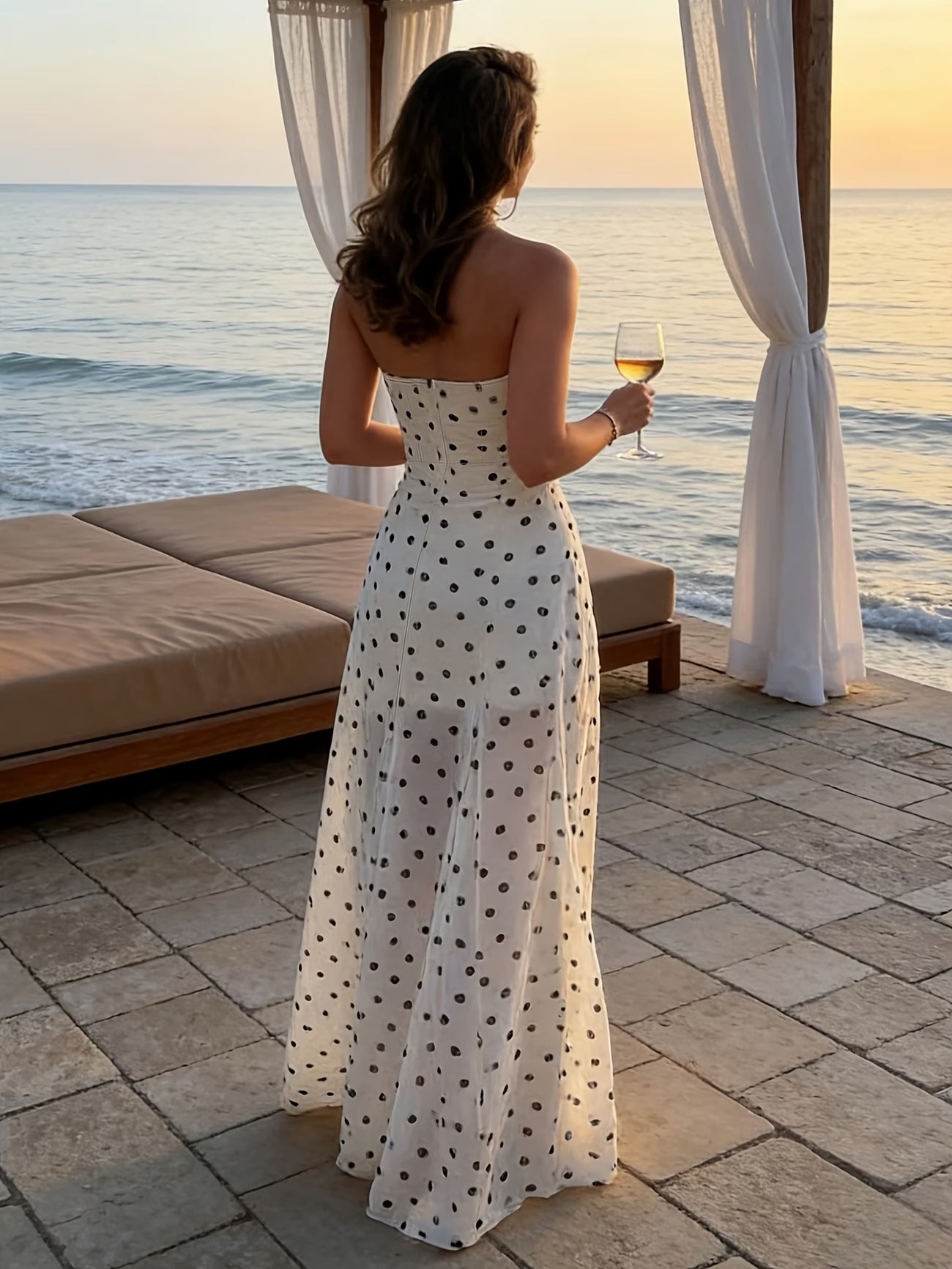 Summer 2026 Women's Strapless Polka Dot Print Beach Maxi Dress – French-Inspired Lightweight Vacation Dress
