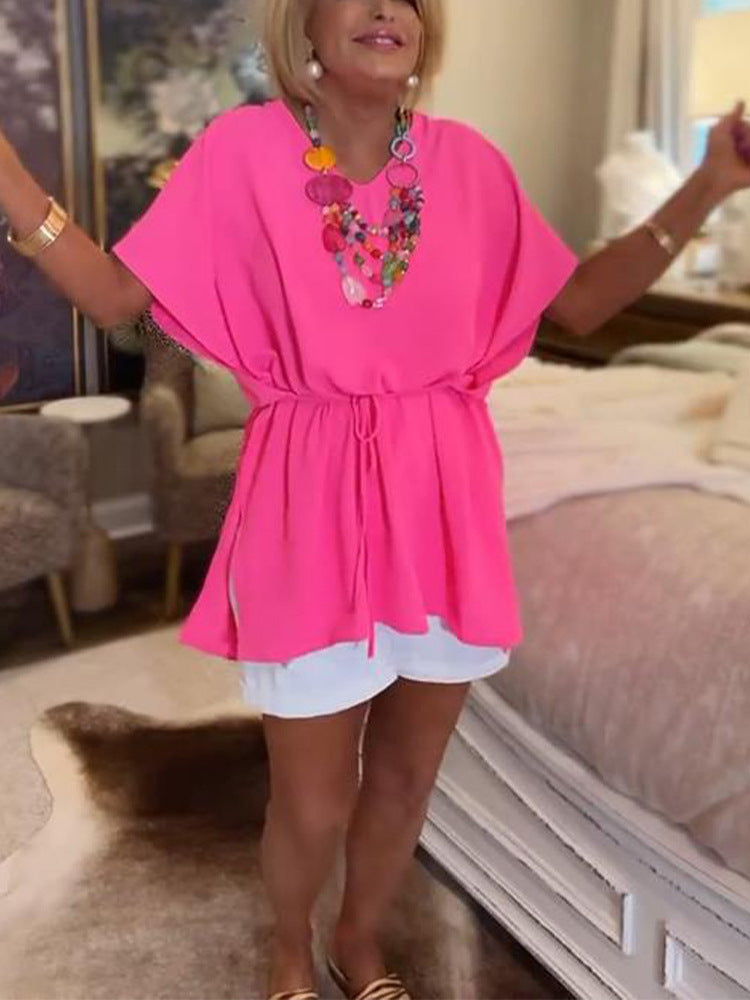 New Summer Solid Color V-Neck Lace-Up Short Sleeve Top for Women | Casual All-Match Fashion Blouse