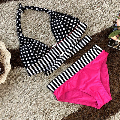Women Cute Polka Dotted Two Piece Elasticated Waist Swimwear