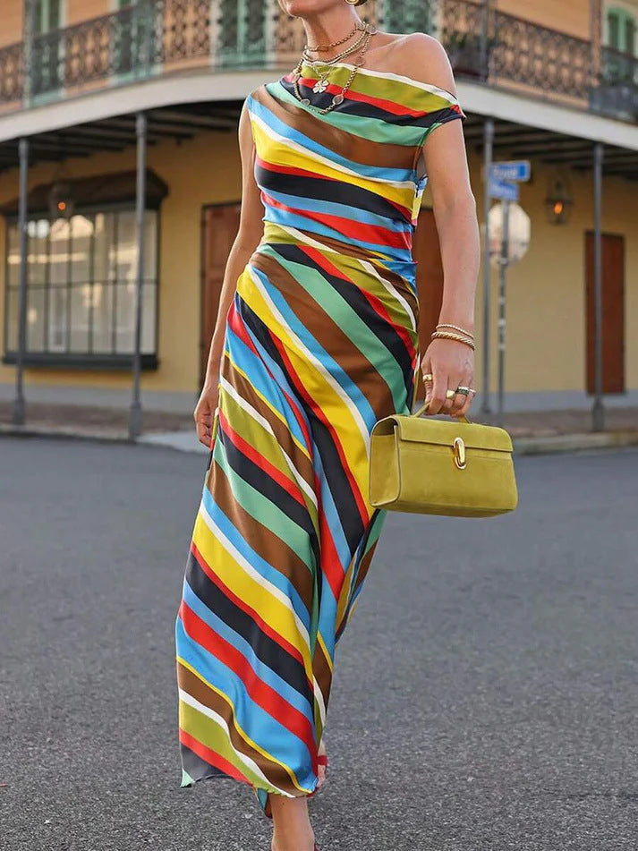 New Spring and Summer Fashion Color-Block Striped Long Sleeveless Off-Shoulder Dress for Women