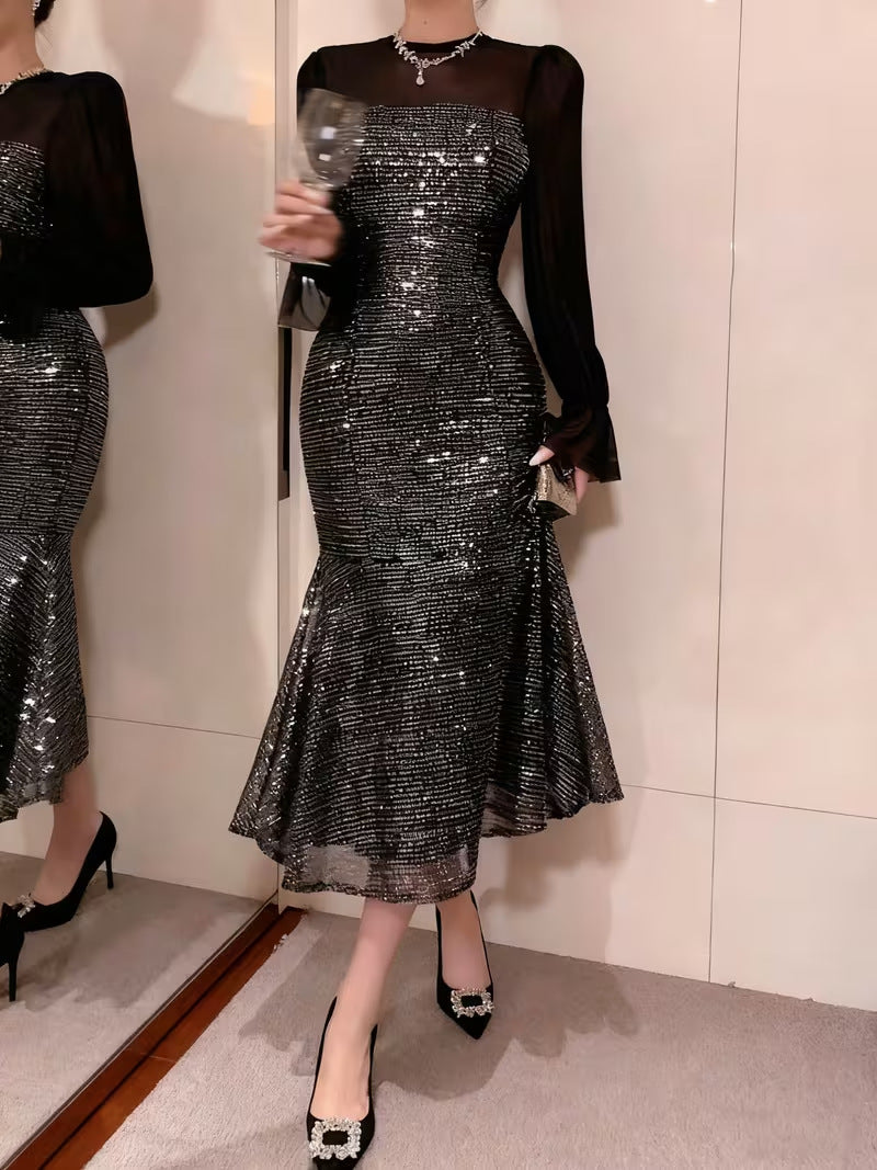 Women's Elegant Sequin Chiffon Spliced Banquet Dress – Long Sleeve Slim Fit Party Midi Dress