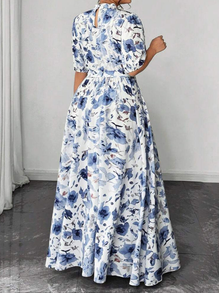Women's Plus Size Blue Printed Tie Waist Mid-Length Dress
