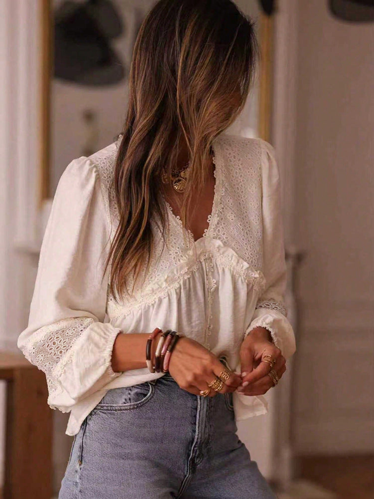 Women's Floral Lace Embroidered Loose V-Neck Shirt – Elegant Casual Long Sleeve Blouse