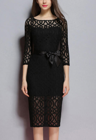 Women Long Sleeve Waist Tie Occasion Dress