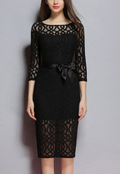 Women Long Sleeve Waist Tie Occasion Dress