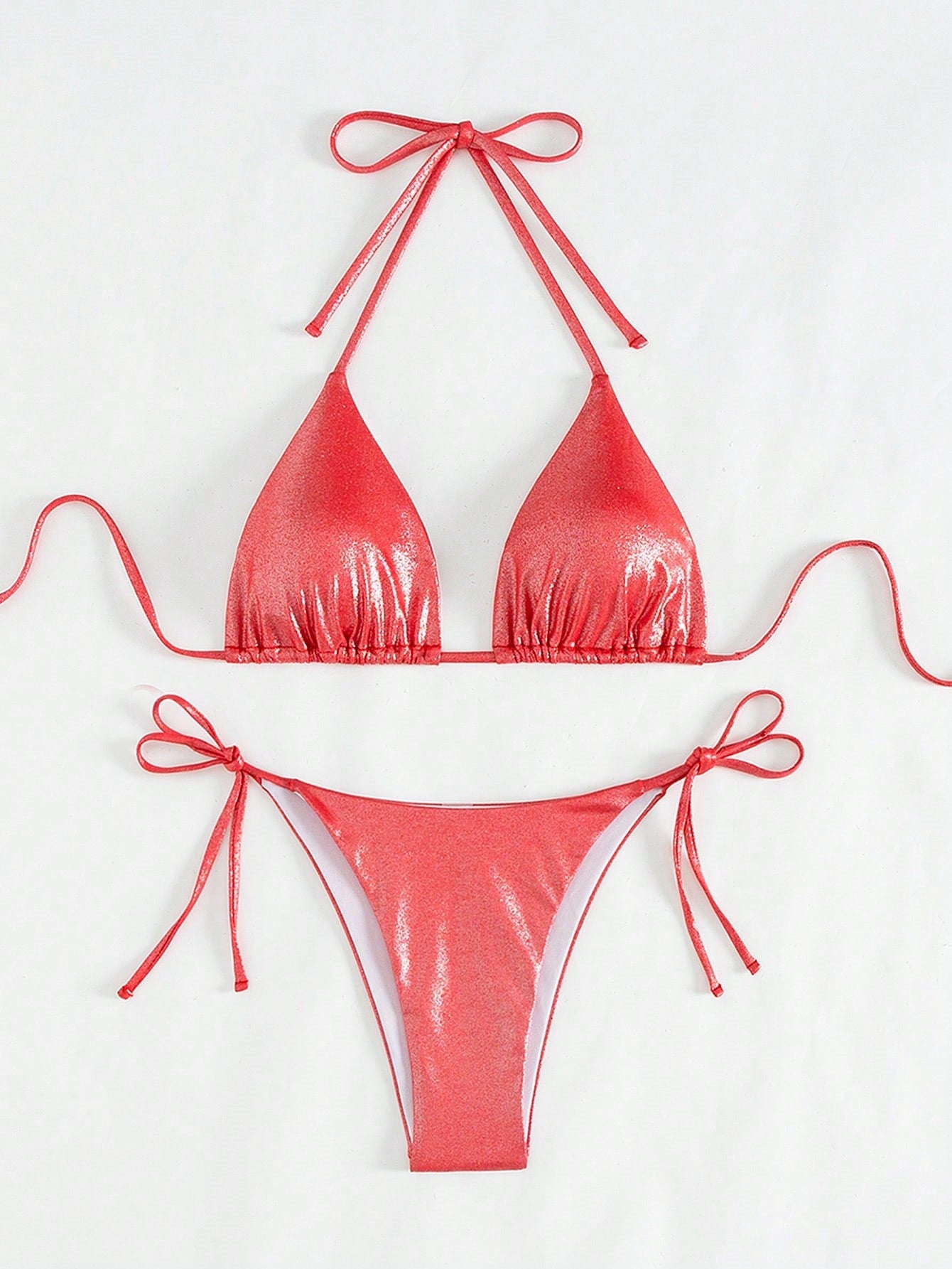 New Solid Color Lace-Up Neck Bikini with High-Slit Flash Fabric