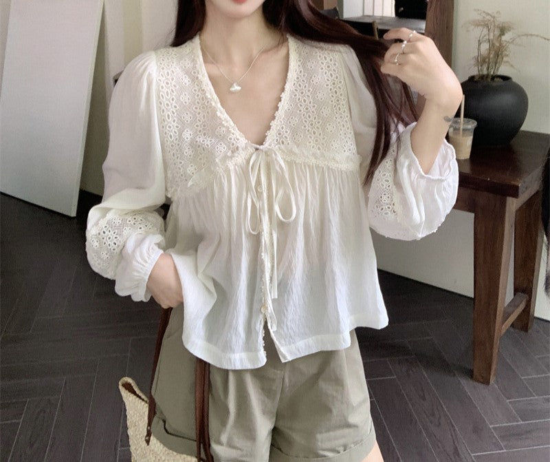 Women's V-Neck Lace Hollow-Out Tie-Up Puff Sleeve Babydoll Sun Protection Shirt