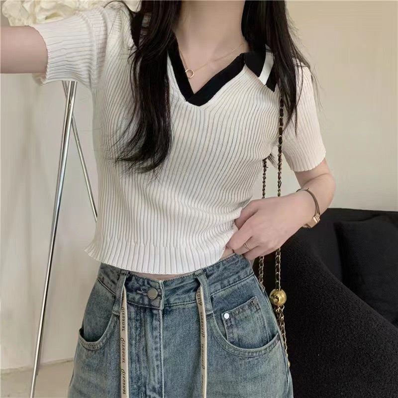 Color-Blocked Polo Collar Knitted Short-Sleeve T-Shirt for Women - Perfect for Summer