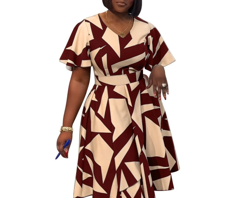 2025 Spring Summer Elegant Women's V-Neck Digital Print Slit Dress – Chic Lightweight Casual Maxi Dress