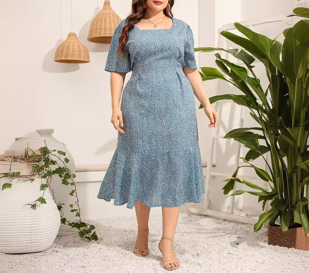 Plus Size Women's Square Neck Floral Dress with Short Sleeves, Slim Fit Mermaid Maxi Dress, Elegant Floral Print Occasion Dress