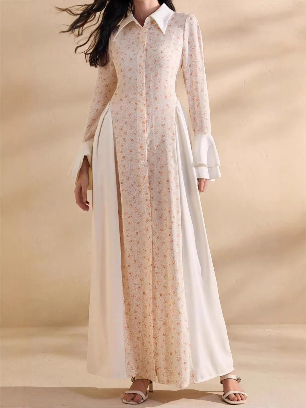 Women's Summer Elegant Long Sleeve Button Front Bell Sleeve Maxi Dress