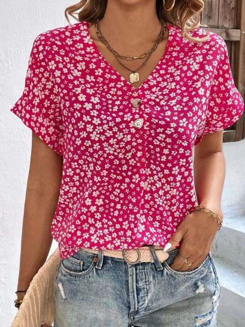 Summer Women's Printed V-Neck Button Front Short Sleeve Casual T-Shirt Top
