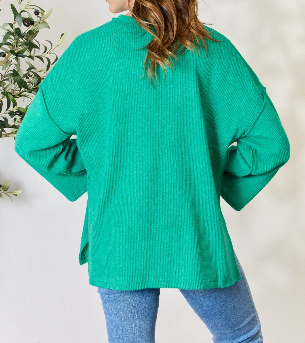 Women's Zenana Full Size Ribbed Half Button Slit Knit Top