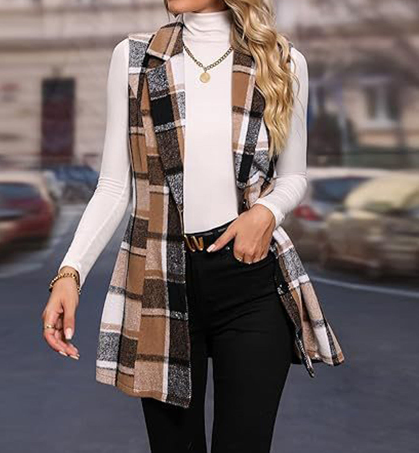 Women's Plaid Single-Breasted Lapel Suit Vest Jacket for Autumn and Winter Casual Layering