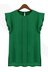 Women Solid Pattern Ruffle Sleeves Chiffon Blouse Green