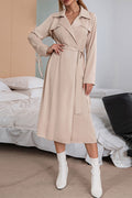 Women Attractive Lapel Collar Neck Drawstring Waist Solid Pattern Winter & Autumn Cardigan Dress