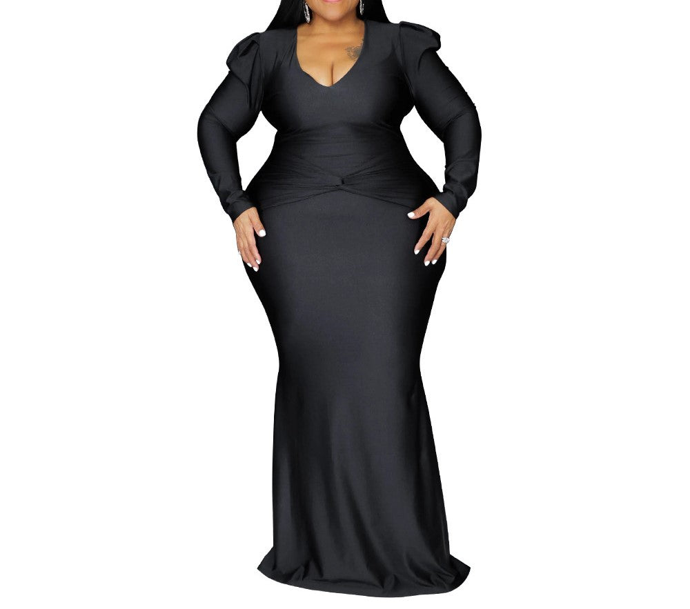 Plus Size Women's V-Neck Long Sleeve Solid Color Nightclub Maxi Dress – Autumn & Winter Elegant Long Skirt